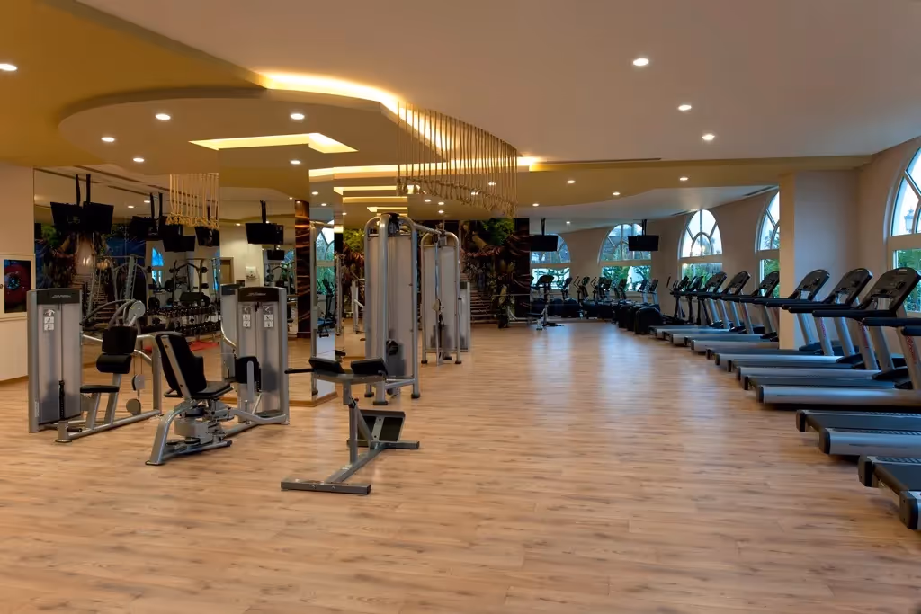 Fitnesscentrum van Delphin Imperial met loopbanden langs de ramen en krachtapparaten