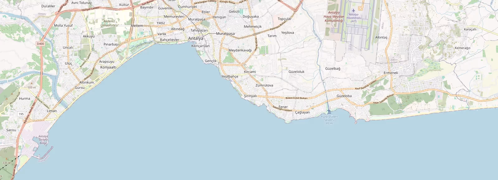 Kaart van de kust van Antalya van Konyaaltı in het westen tot de hotelstrook van Lara in het oosten